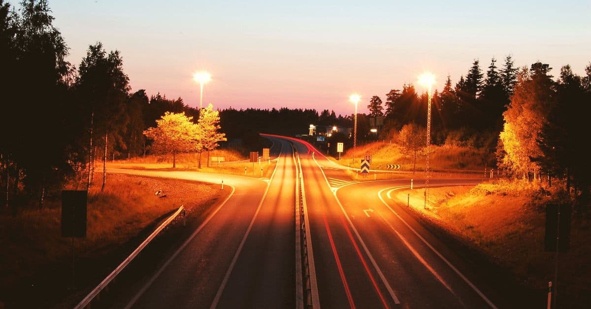 Skogsväg i skymning — kring Älta tränar vi medvetet mörkerkörning i skogsnära miljö.
