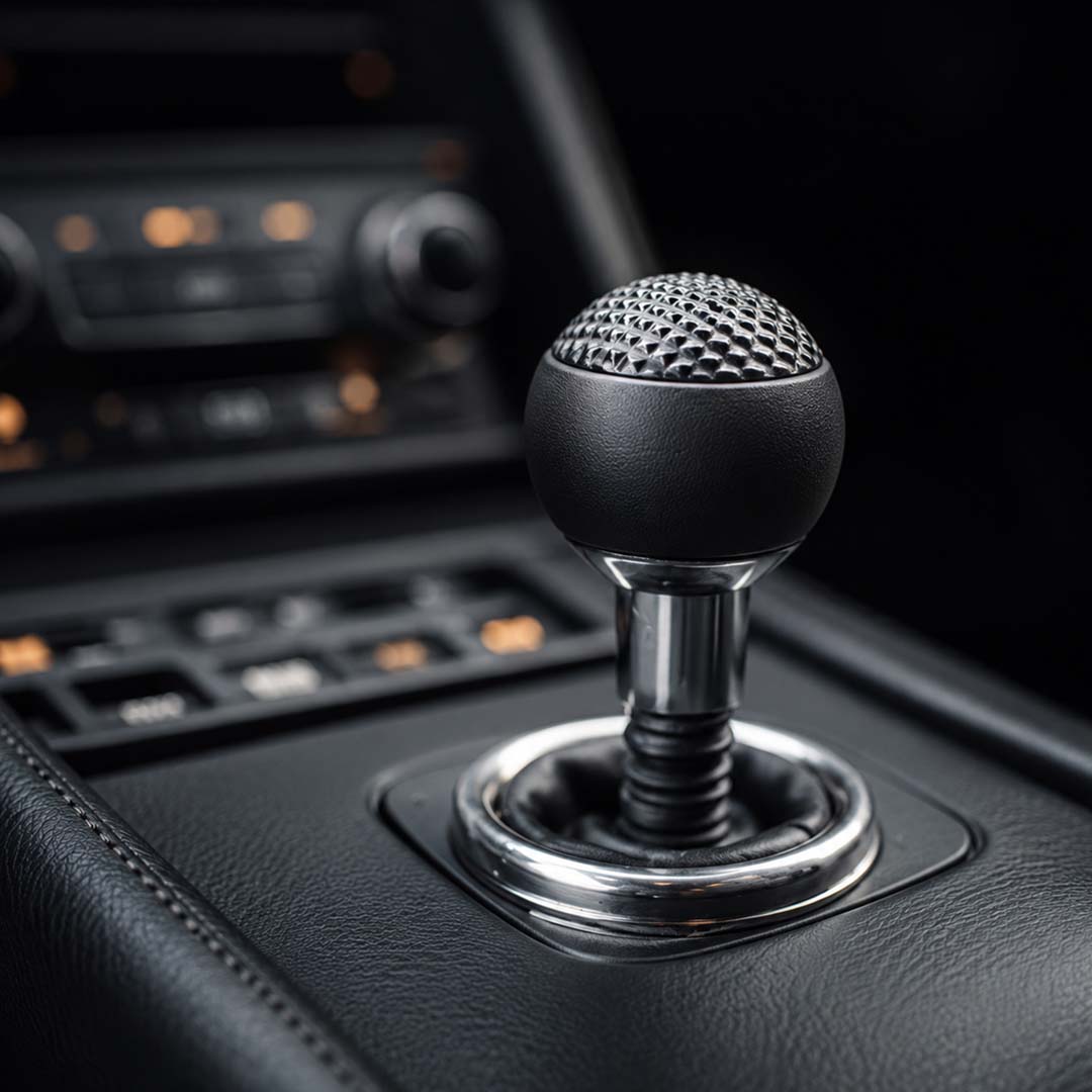 Close-up of car manual gear stick and center console,